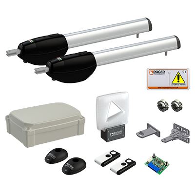 Roger Kit Batiente Brushless de Dos Brazos 2.5m / Serie BE20 High Speed / Uso Intensivo / Motor 24V, Apertura Rápida