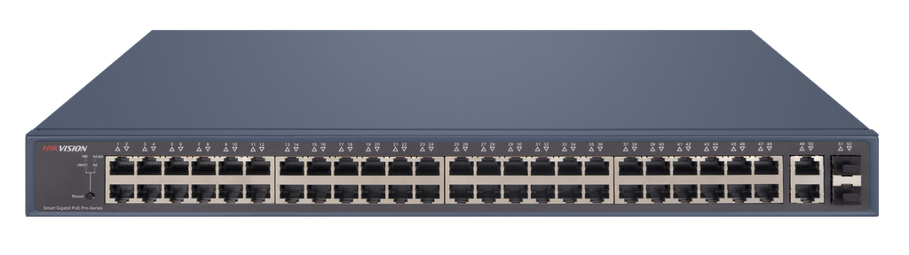 Hikvision Switch PoE Gigabit de 48 Puertos PoE/  2 puertos RJ45 de gigabit/ 2 puertos de fibra óptica