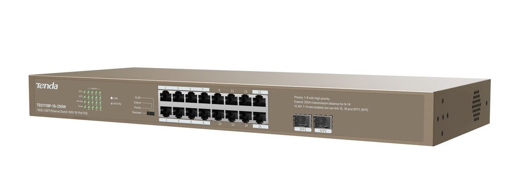 Tenda 16 puertos 10/100/1000M Gigabit POE Switch 250w/ +2 Puertos 1000 Mbps Base-X SFP