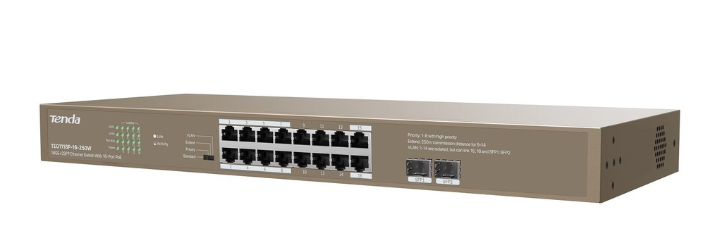 Tenda 16 puertos 10/100/1000M Gigabit POE Switch 250w