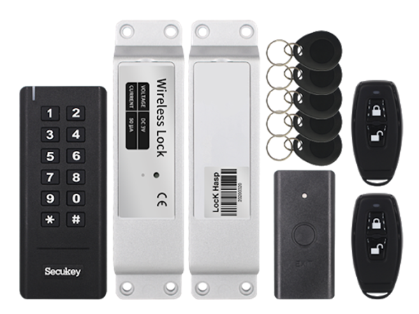 Baykus Kit Inalambrico para Uso en la Oficina o el Hogar, un Teclado + una Cerradura + un Boton de Salida + 1 Control Remoto + 2 Tags de Proximidad todo Inalambrico con una Señal de Codigo Variable de 433MHz.