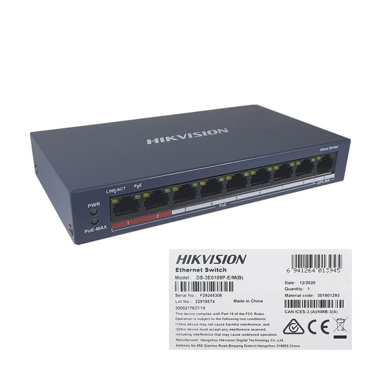 [DS-3E0109P-E/M] Switch no Admin. 8P PoE + 1 LAN/ 60W Hikvision